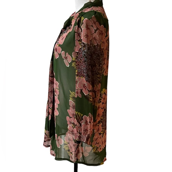 Mina UK Women’s 10 Top Button Up Blouse Floral Tie Neck Green Pink Long Sleeve - Picture 3 of 10